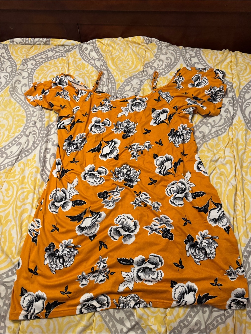 Rouge Helium Mustard Yellow Floral Off-Shoulder Dress